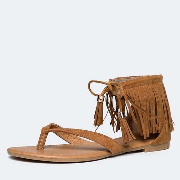 NEW Tan Fringe Ankle Cuff Lace Up Boho Flat Sandal Thong Open Toe - Picture 2 of 5
